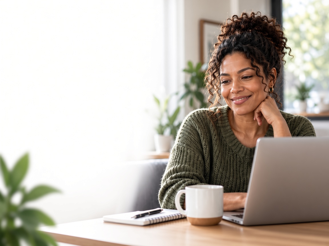 Woman smiling while working at home on a laptop